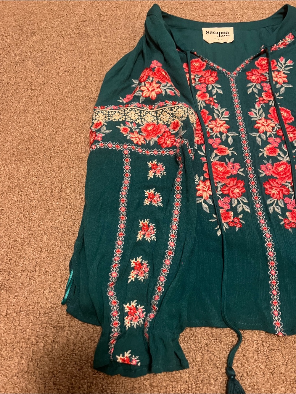Savanna Jane Teal Tunic with Pink Floral Embroidery Size Large - Picture 4 of 7